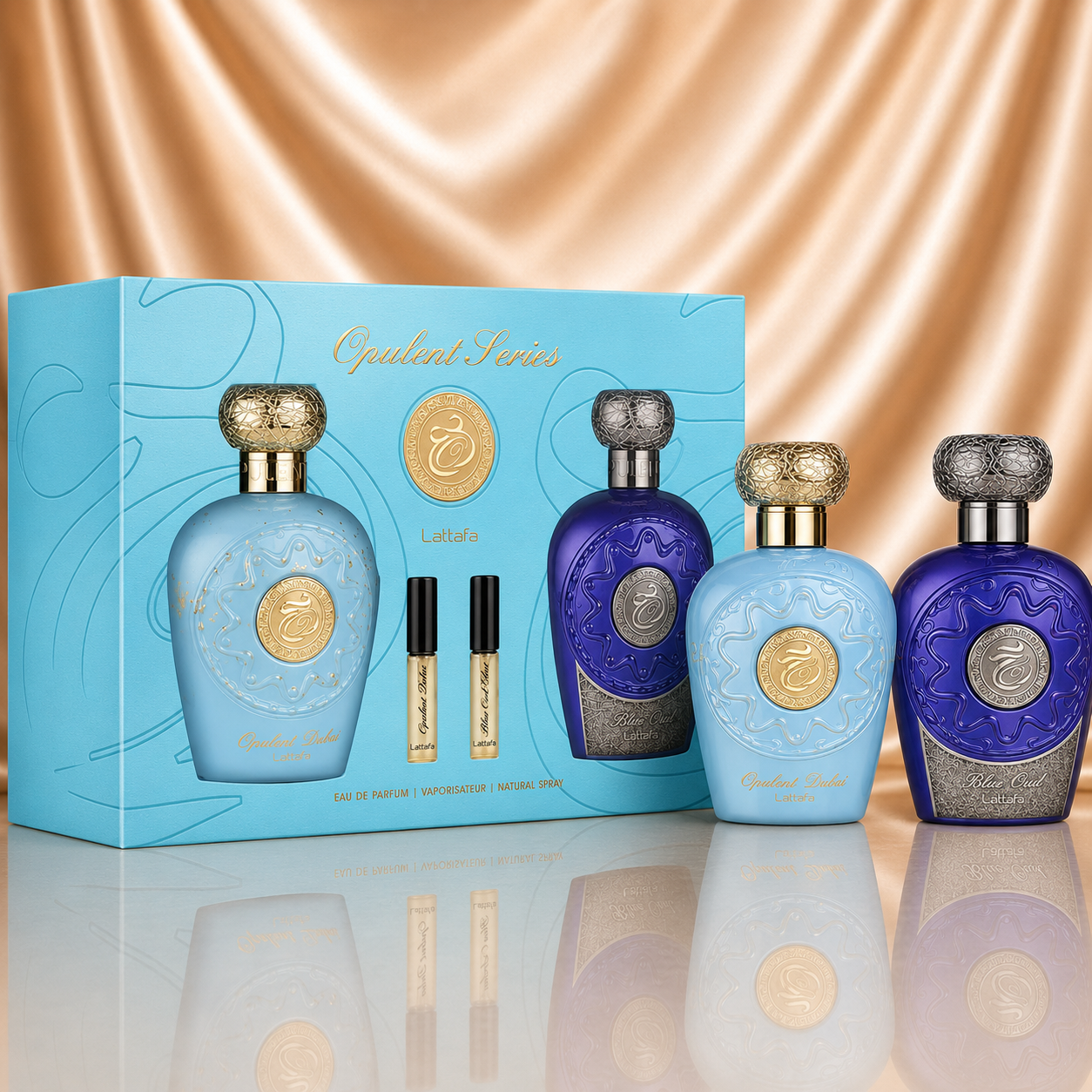 Set parfum Lattafa Opulent Collection Dubai si Blue Oud Elixir, 2 parfumuri Eau de Parfum unisex 100 ml si 2 mostre fiola